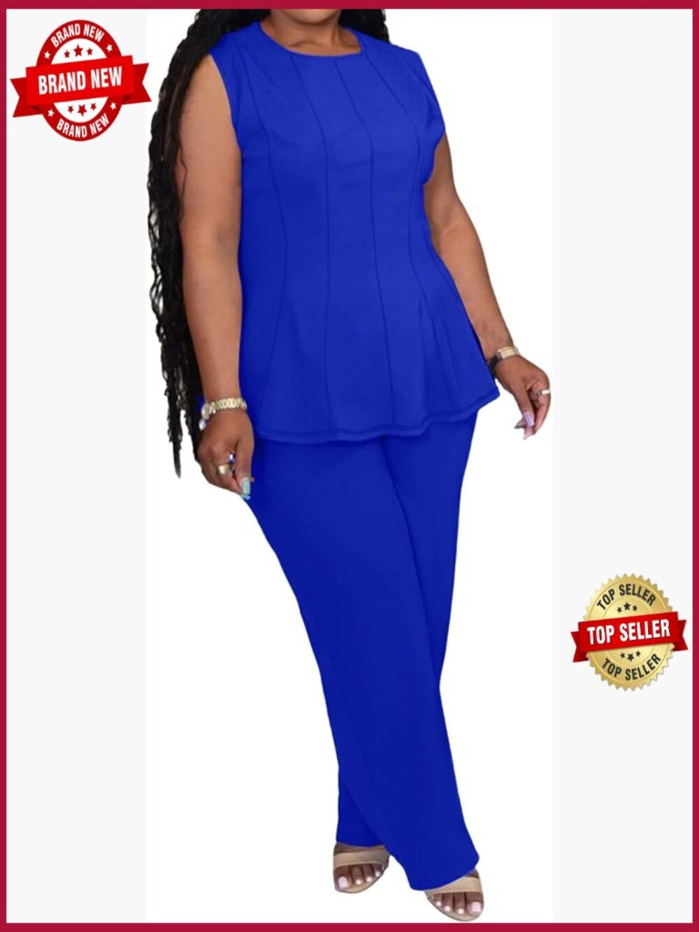Plus Size 2 Piece Pantsuit Set Sleeveless Peplum Top Wide Leg Pants Matching Set